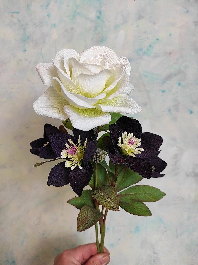 Fehér rózsa és mélylila hunyor kis csokor